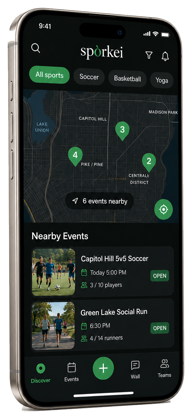 Sporkei discover map and nearby events on a phone
