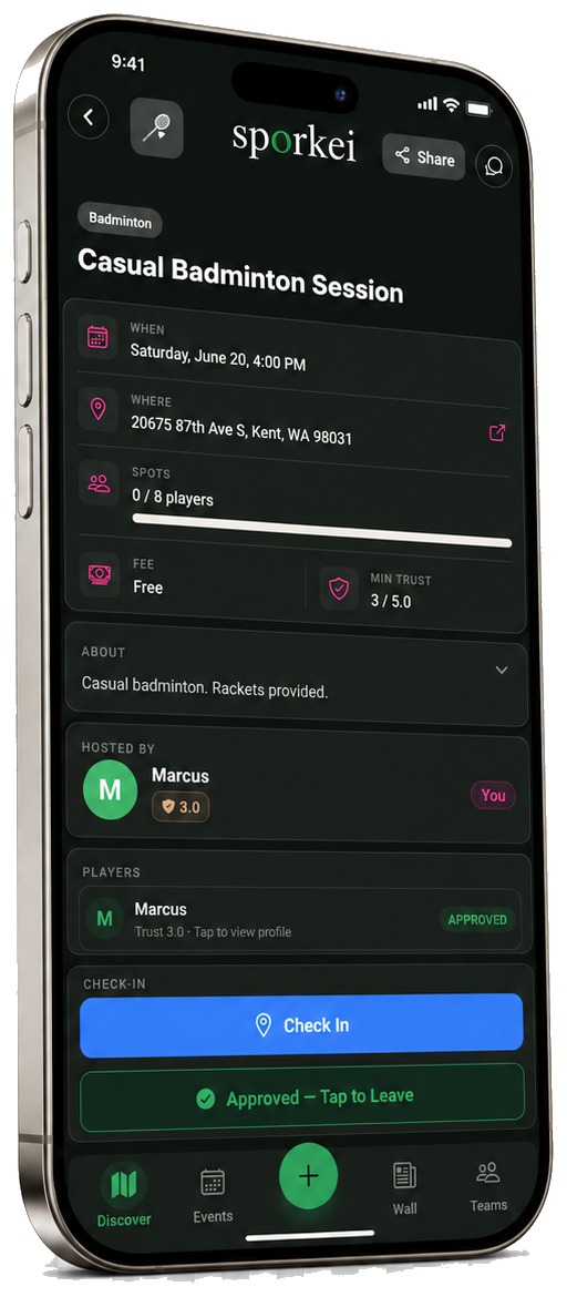 Sporkei GPS check-in screen